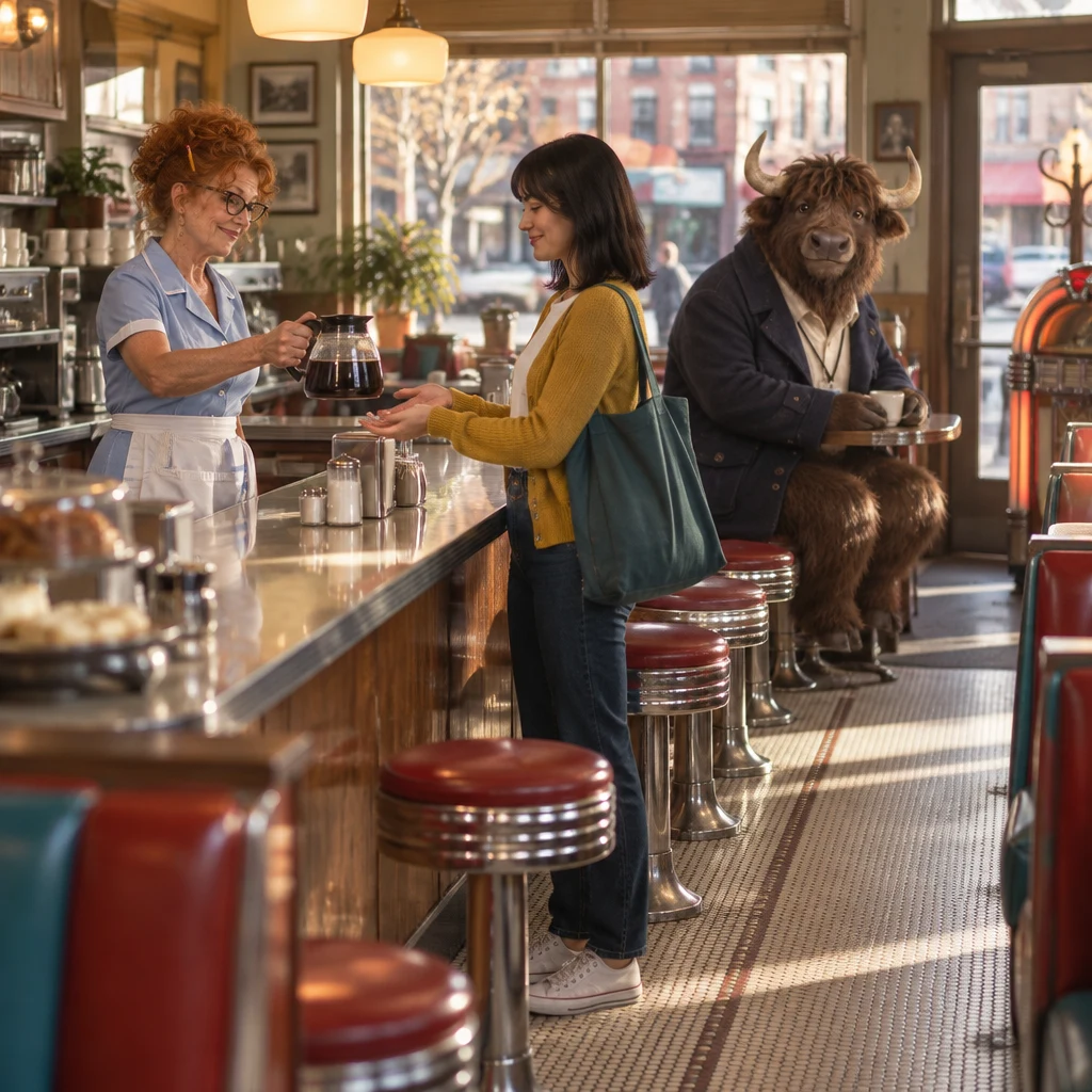 Dee slides the coffee pot toward Ana while Murray stays seated at the counter with his low cup.