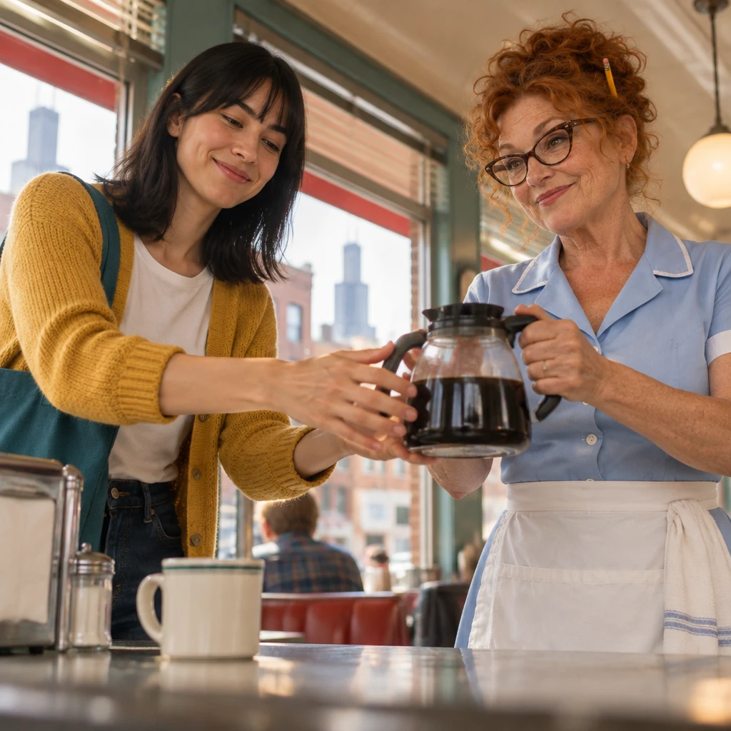 Ana reaches for the coffee pot as Dee holds it steady for her to try.