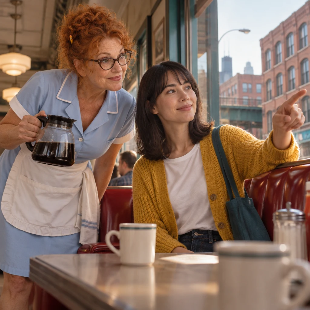Dee pauses beside the booth while Ana gestures toward the old neighborhood outside.