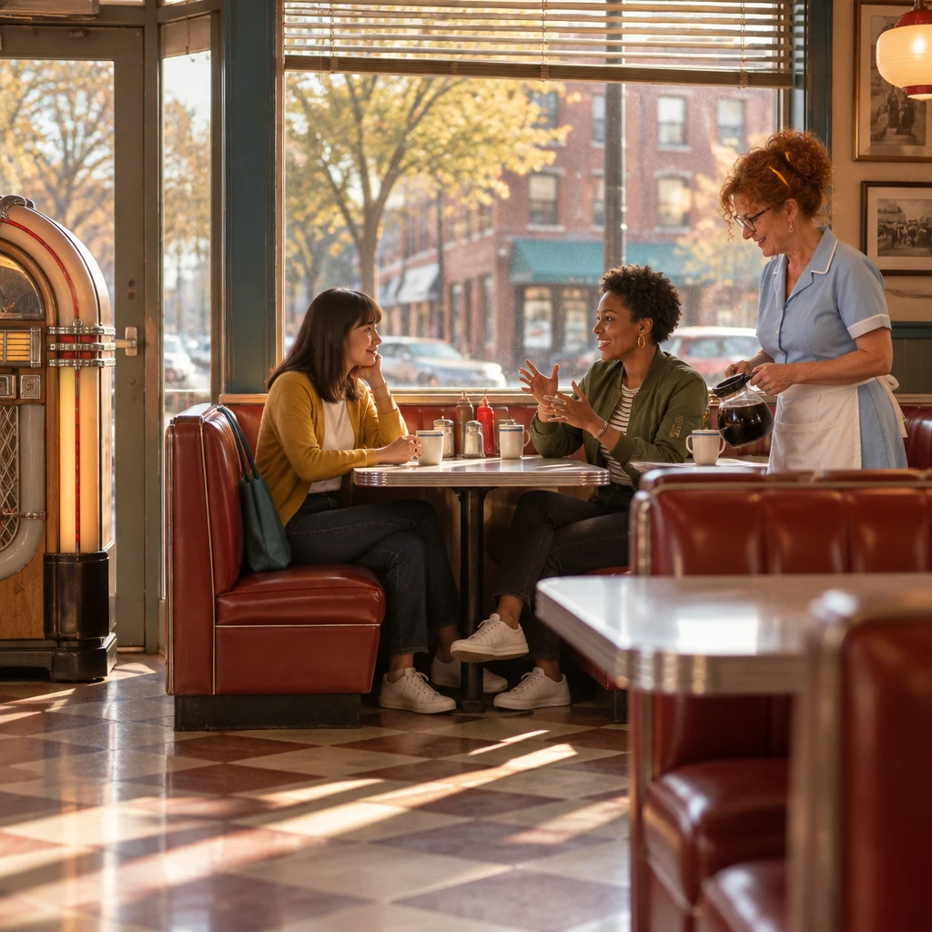 Ana and Tasha share a window booth while Dee pours coffee during a relaxed afternoon at the Blue Plate.