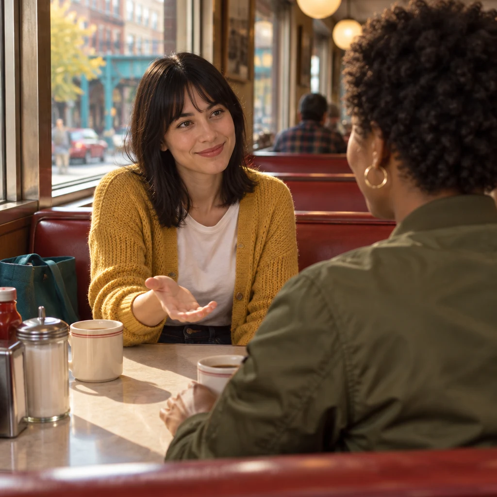 Ana leans toward Tasha with an inviting gesture to ask what Tasha always enjoys discussing.
