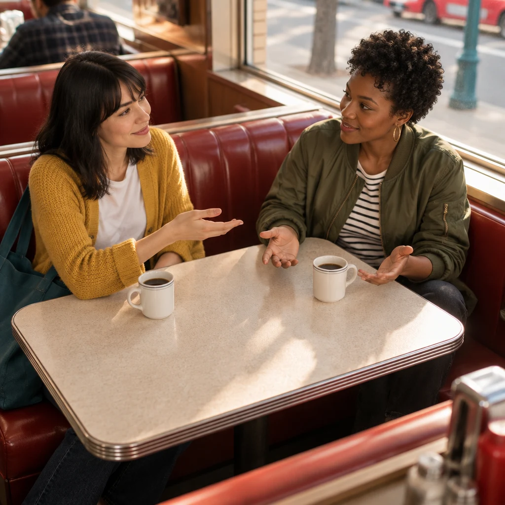 Ana asks for a pastry recommendation while Tasha responds with a modest open-palmed gesture.