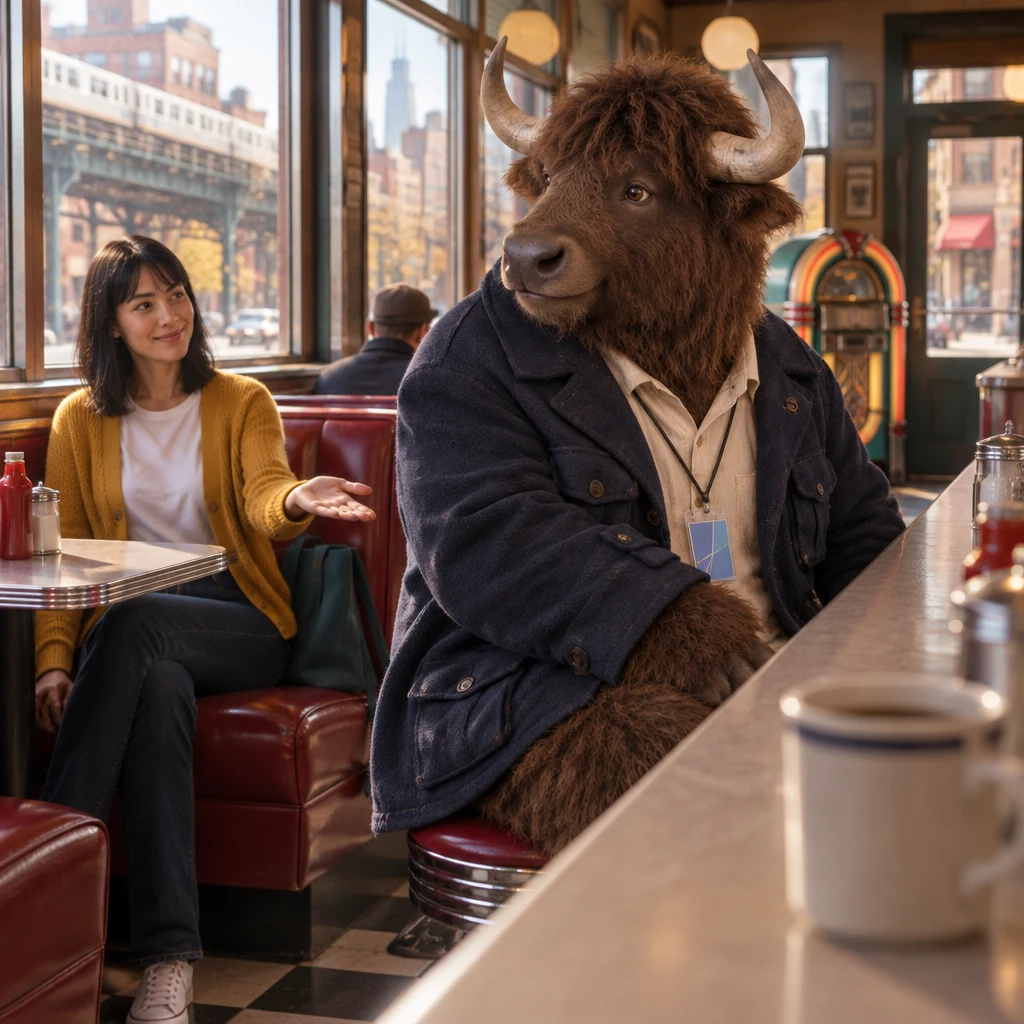 Murray turns on the counter stools as Ana invites a view of the recommended podcast.
