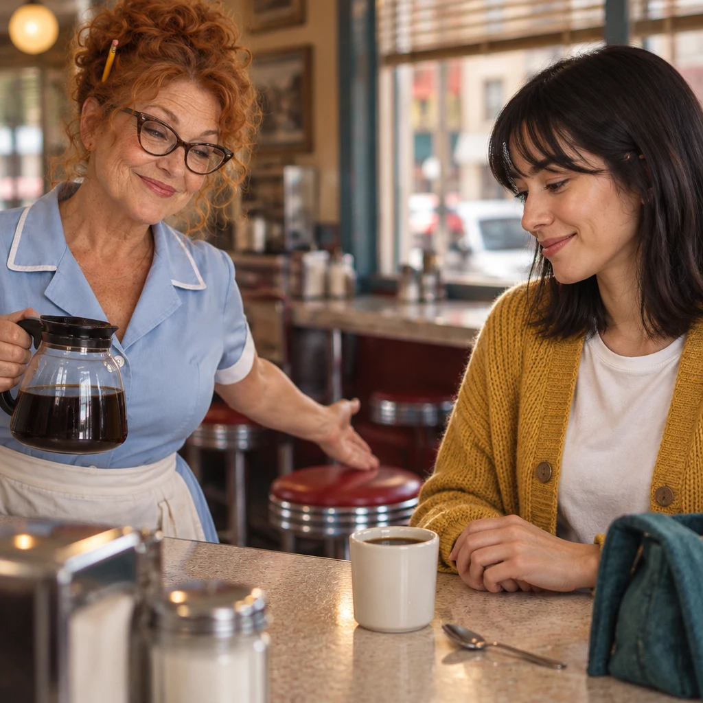Dee gestures toward Ana's coffee and the nearby empty stool as she offers a little help.
