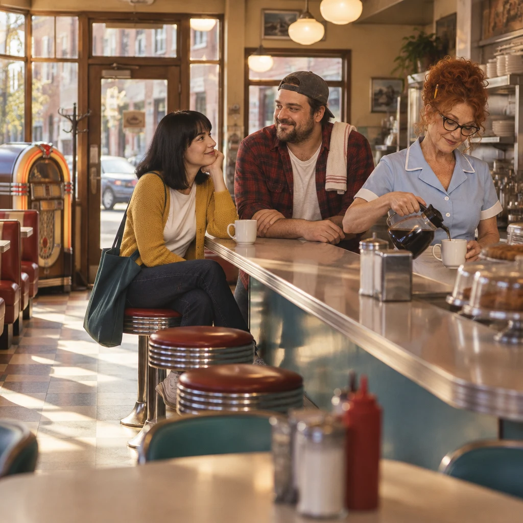 Ana sits at the counter while Danny leans nearby and Dee pours coffee beside the quiet jukebox.