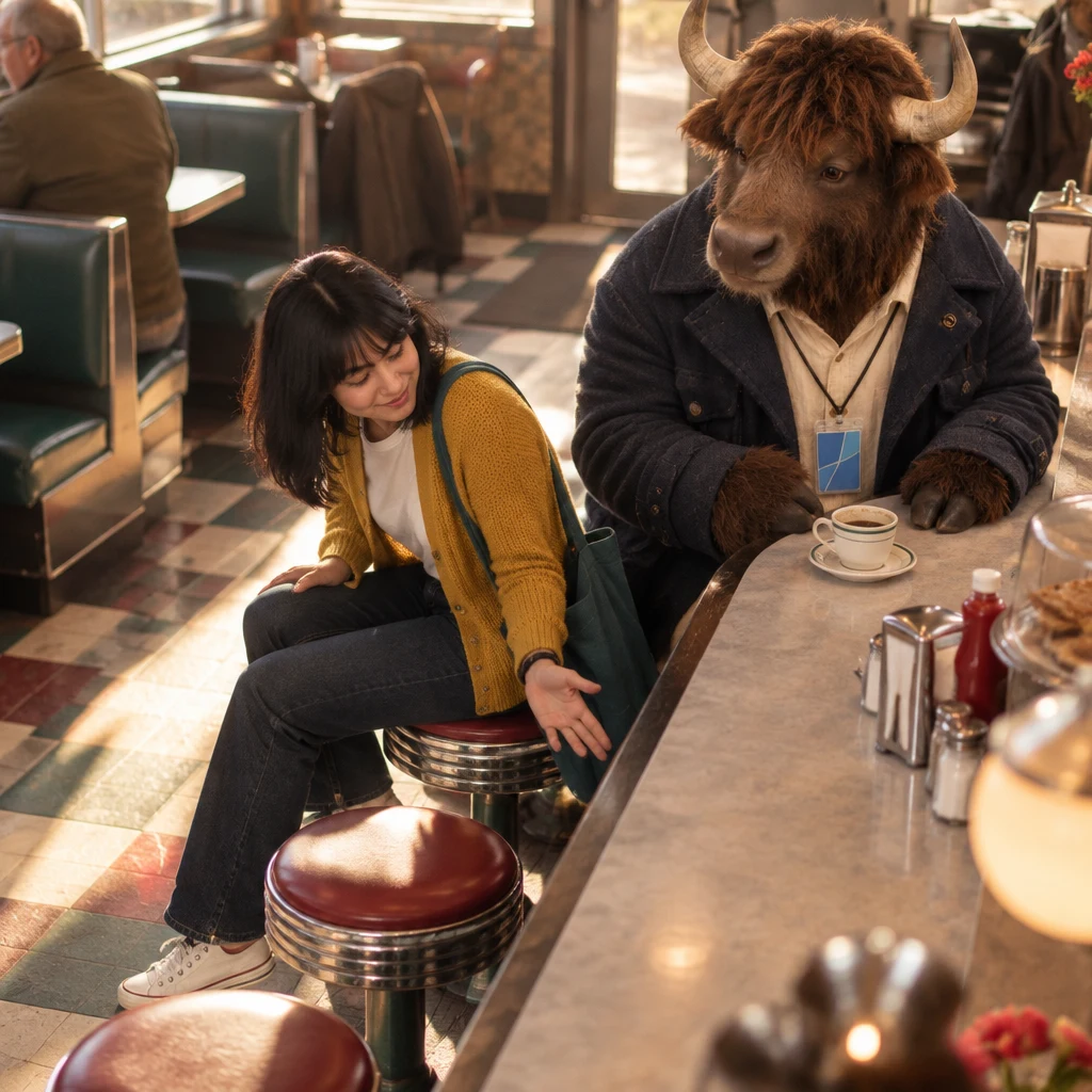 Ana looks along the stools as though searching for children while Murray sits quietly beside an unfinished cup.