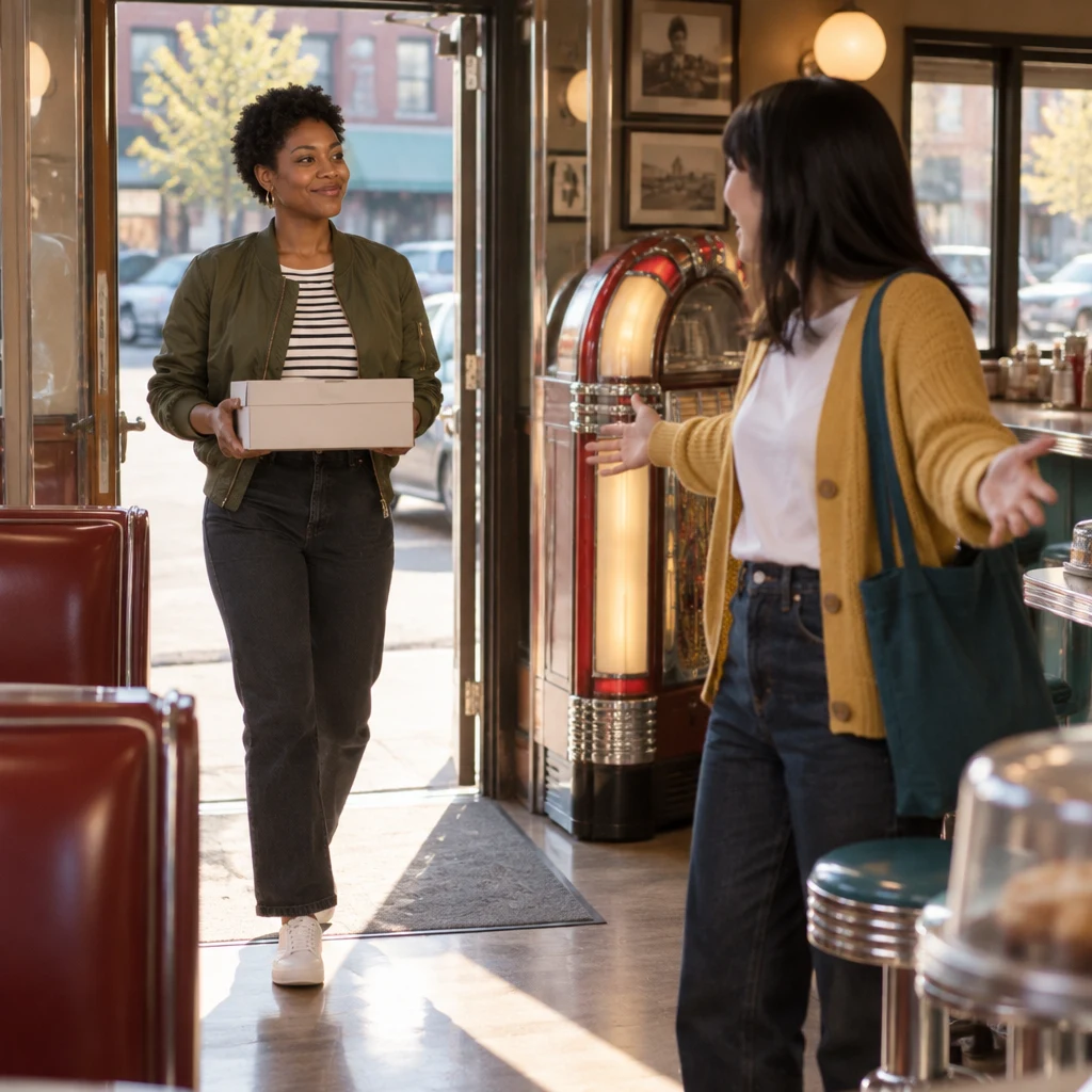 Tasha enters with a bakery box as Ana turns toward the welcome surprise.