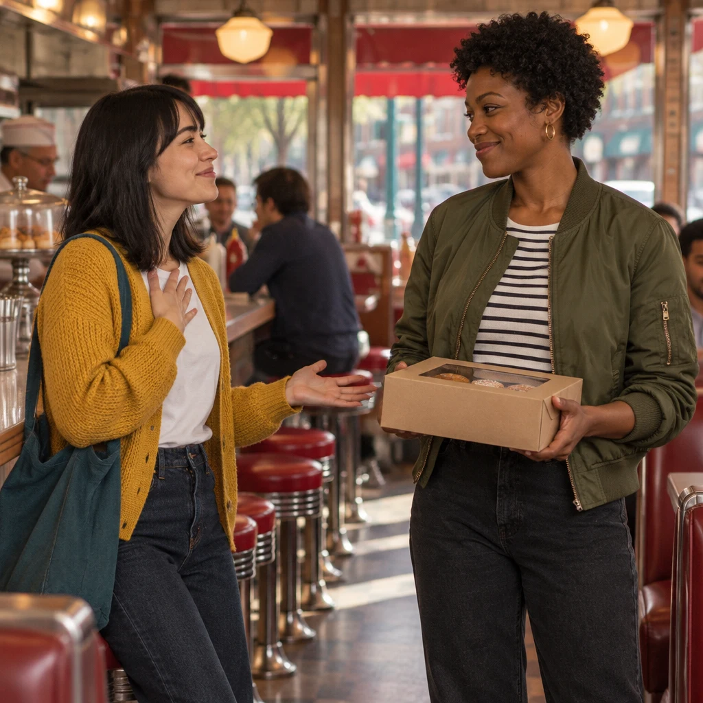 Ana welcomes Tasha beside the counter, delighted by an arrival that was not expected.