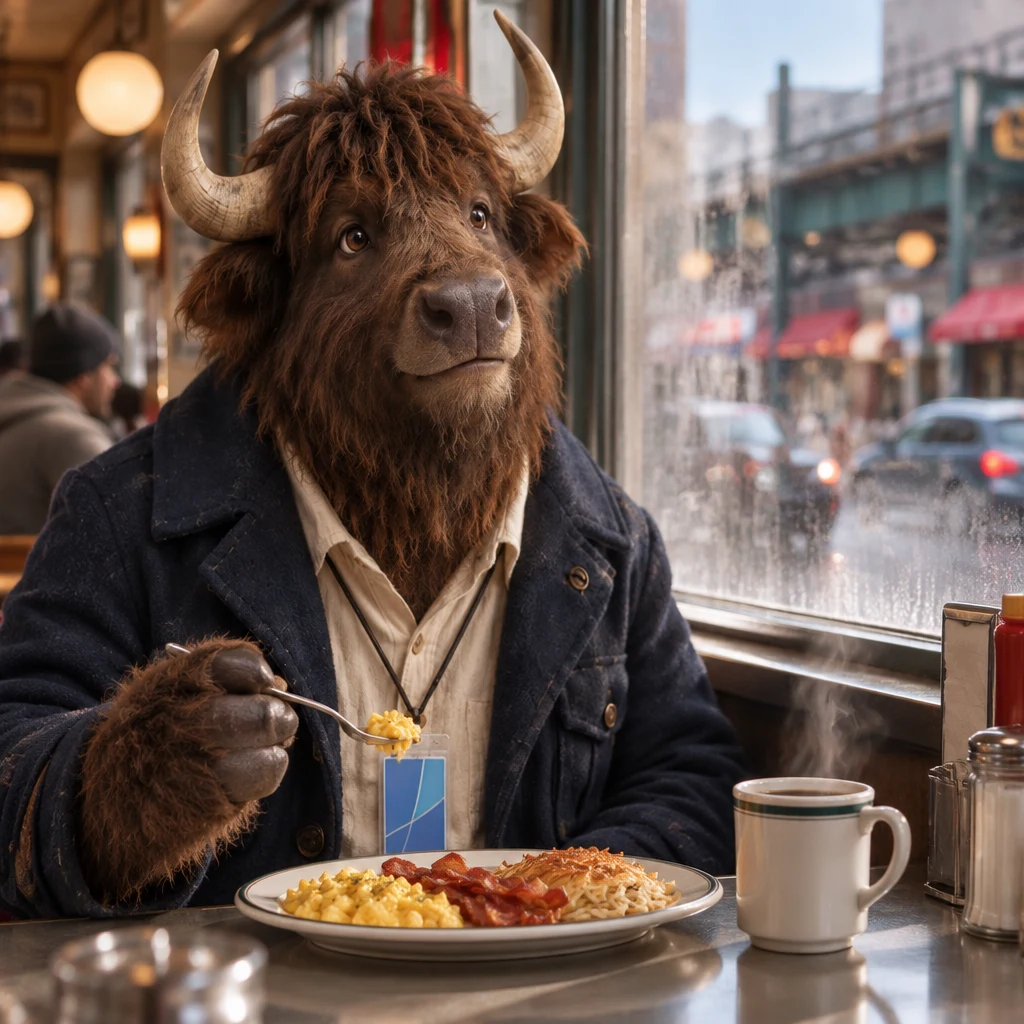 Murray pauses with his fork above his eggs as he gathers his words.