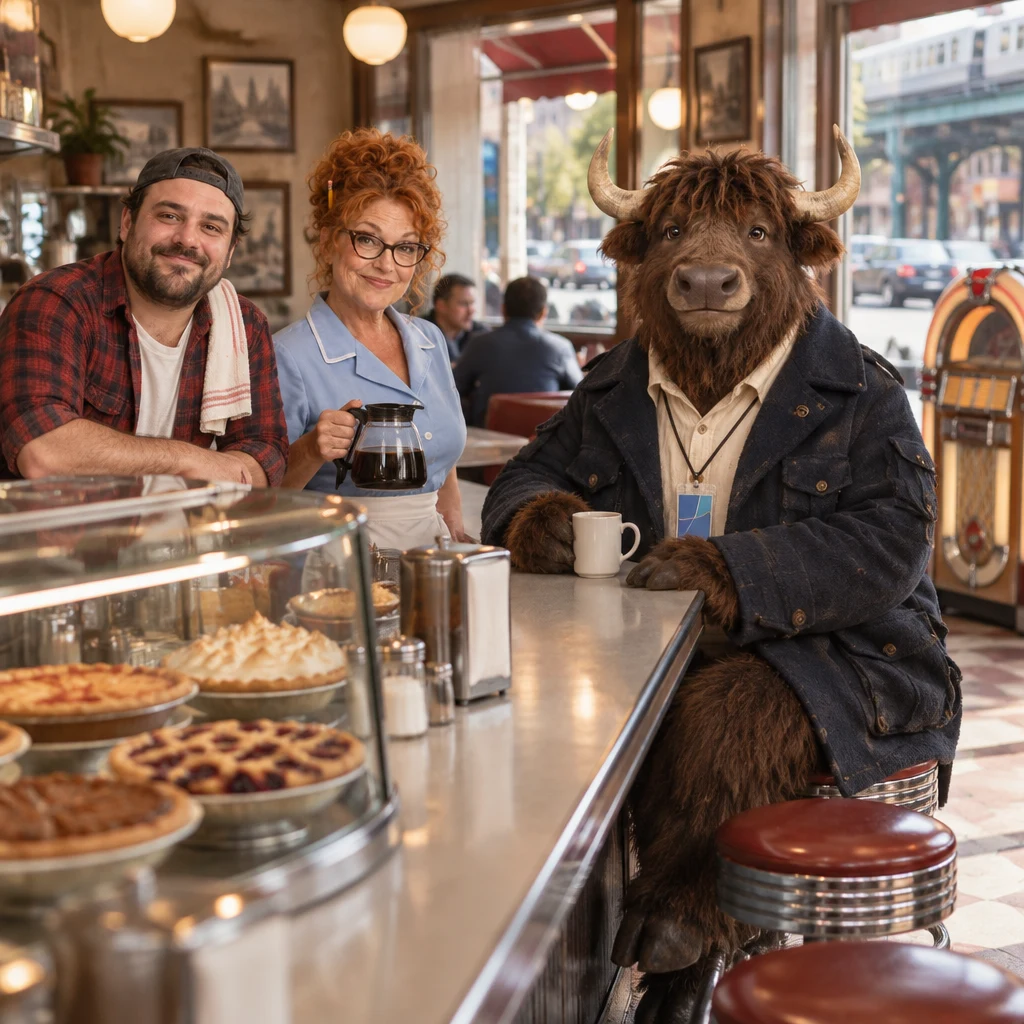Danny leans at the counter while Dee stands by the pie case and Murray sits on two stools beside his full coffee.