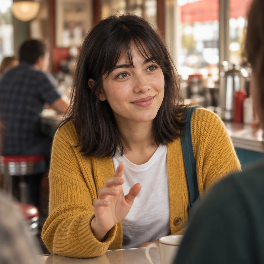 Ana lifts one hand as she leans toward the counter to introduce a small new topic.