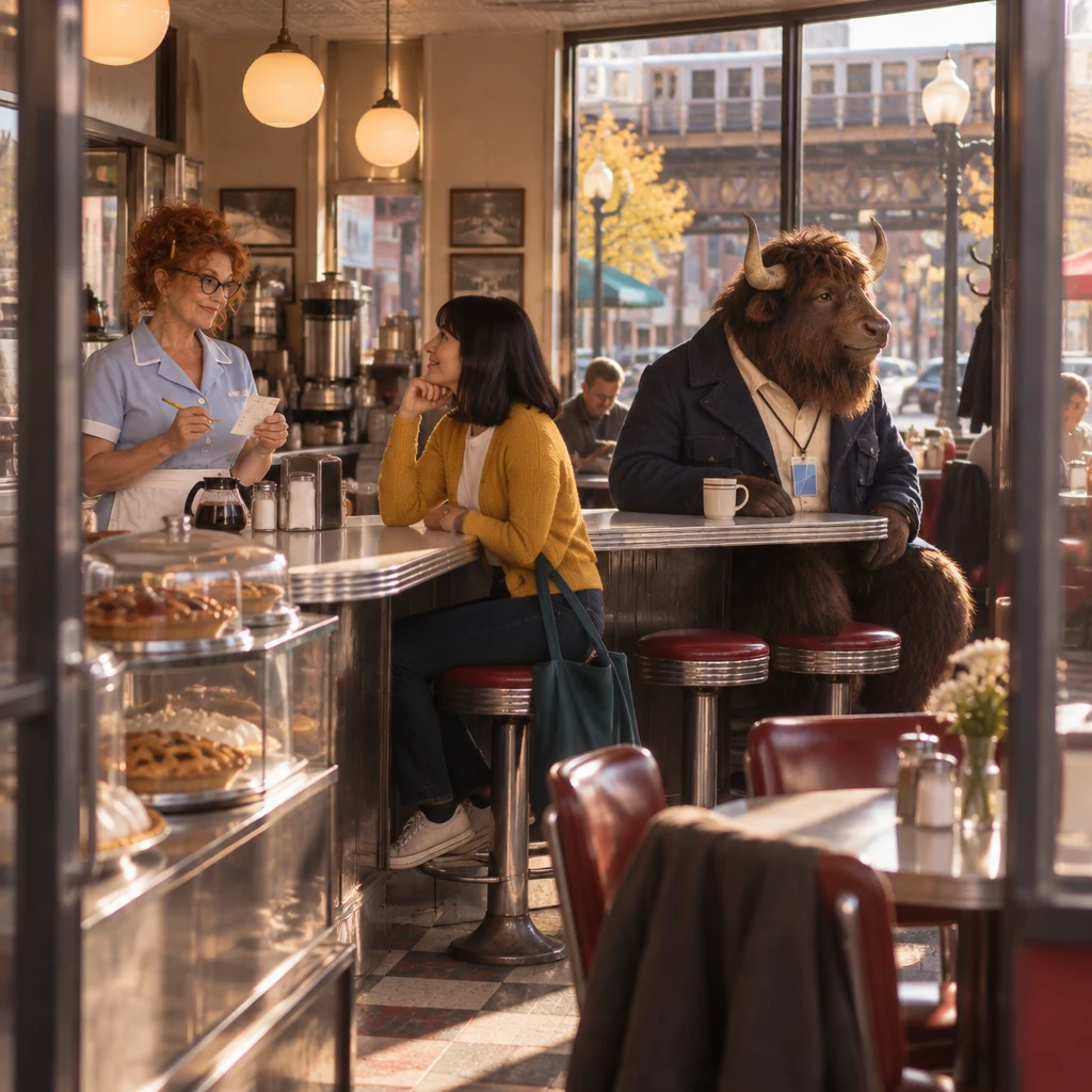 Dee holds Ana’s punch card at the counter while Murray looks toward the window with his coffee unfinished.