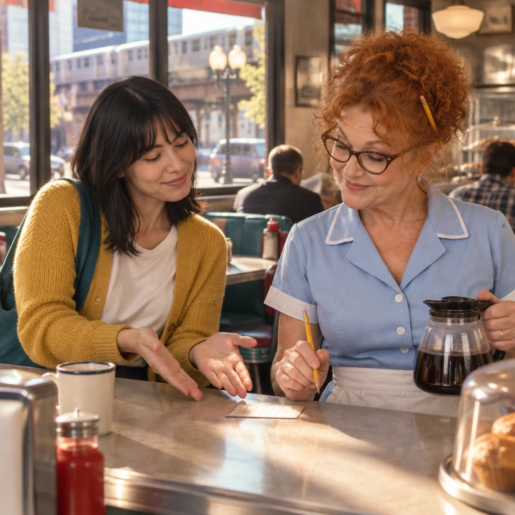 Ana opens both palms toward the punch card to bring Dee back to the main topic.