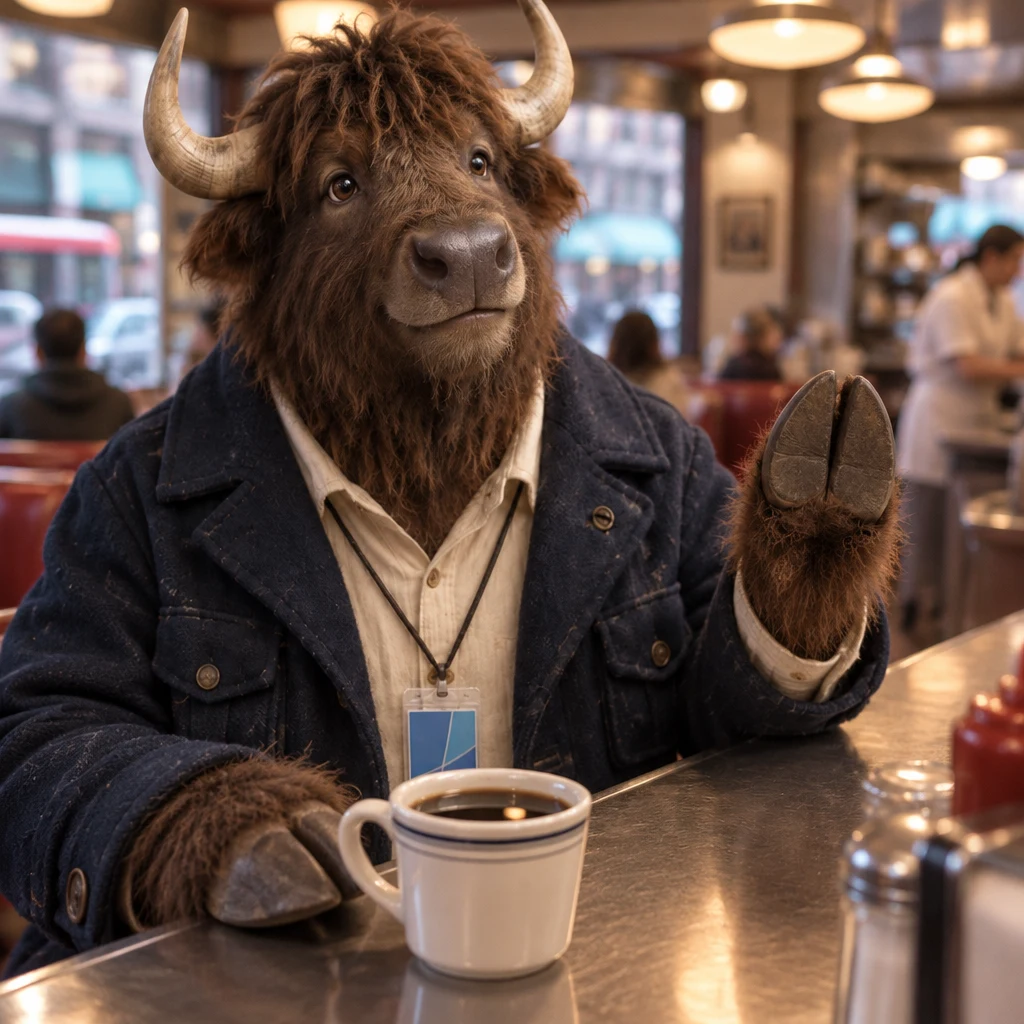 Murray raises a hoof to ask for a moment while looking down at his coffee.