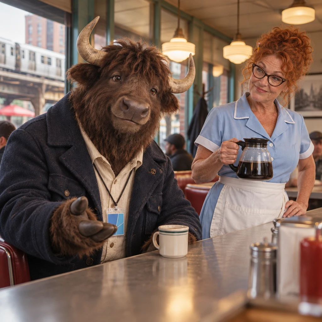 Murray offers his uncertain best guess while Dee watches with the coffee pot.