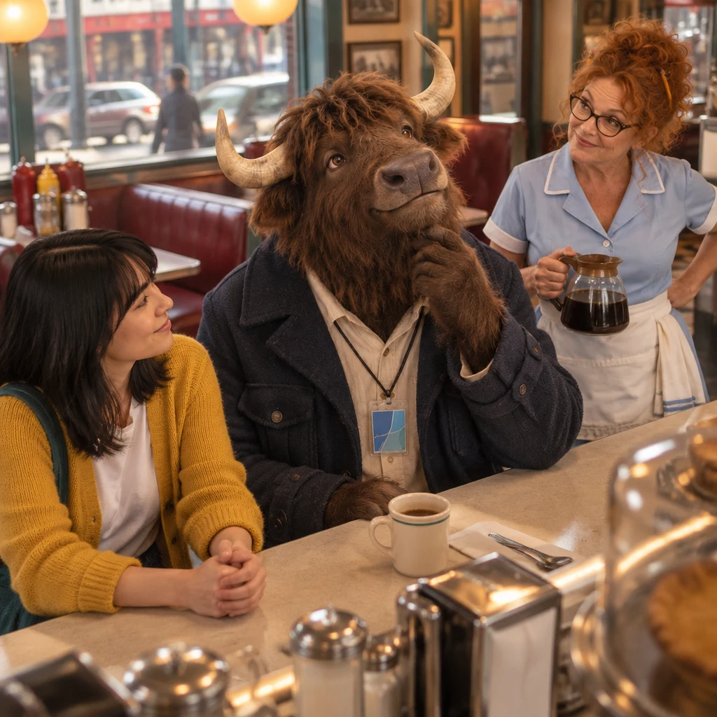 Murray looks upward as he tries to reach the thought, while Ana waits with her hands on the counter.