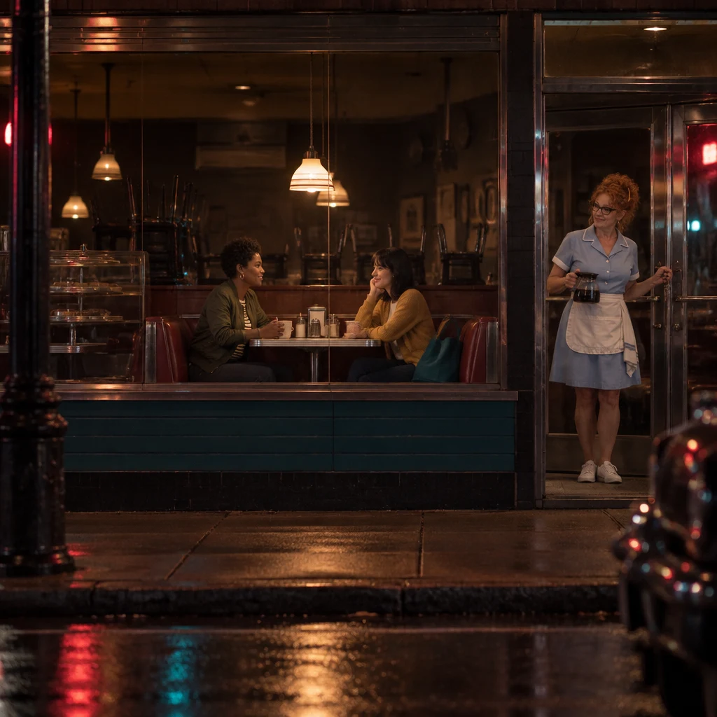 The closed diner holds a quiet pool of light around Tasha and Ana while Dee finishes locking the door.