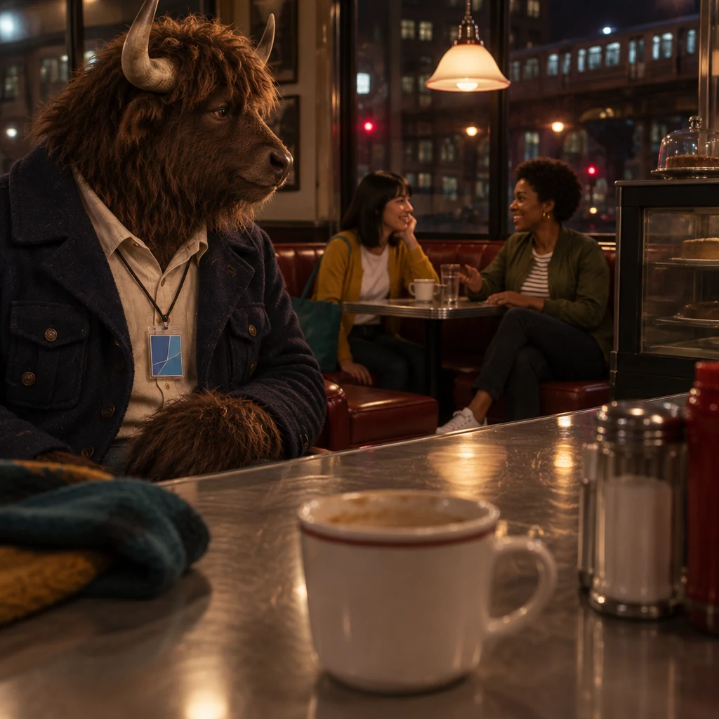 Murray remains at the counter with his unfinished coffee while Tasha and Ana talk in the lit booth behind him.