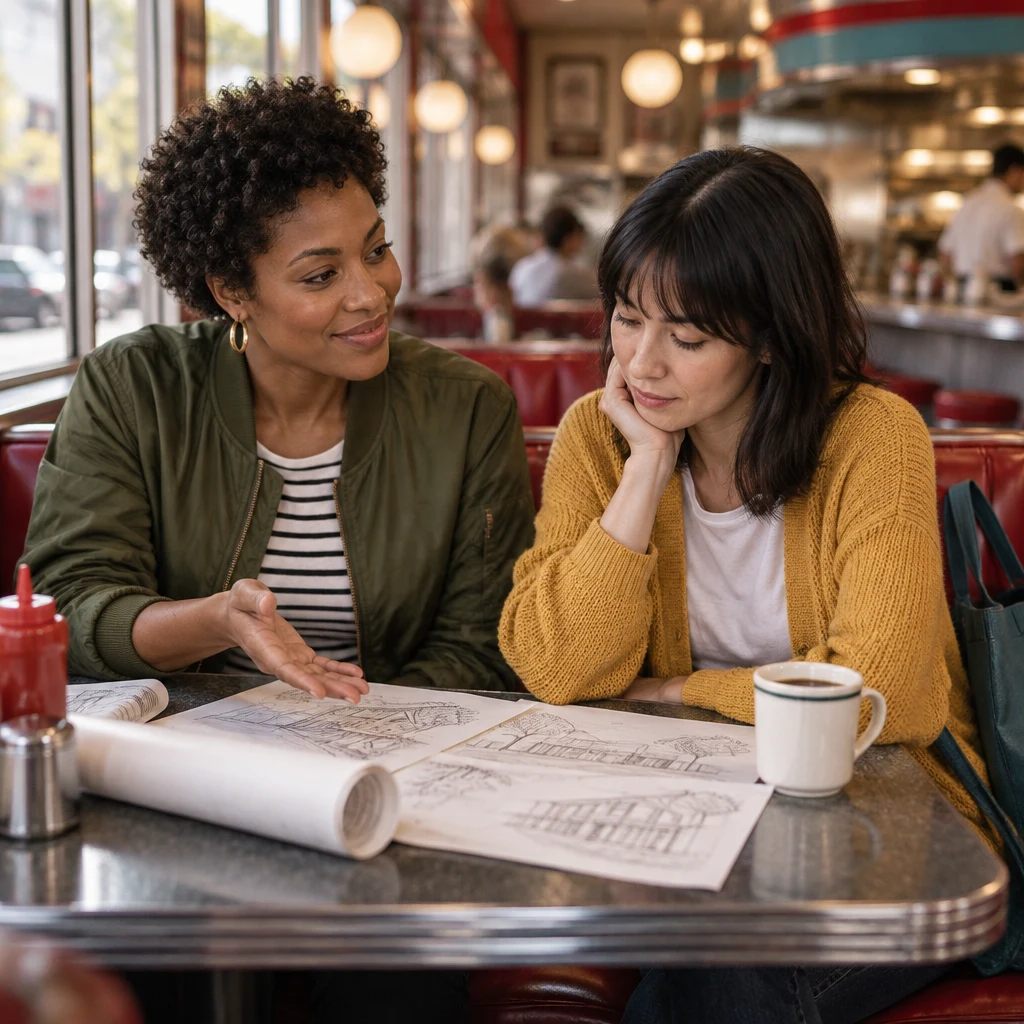 Tasha turns toward Ana with an open palm above the sketches as they consider what is difficult.