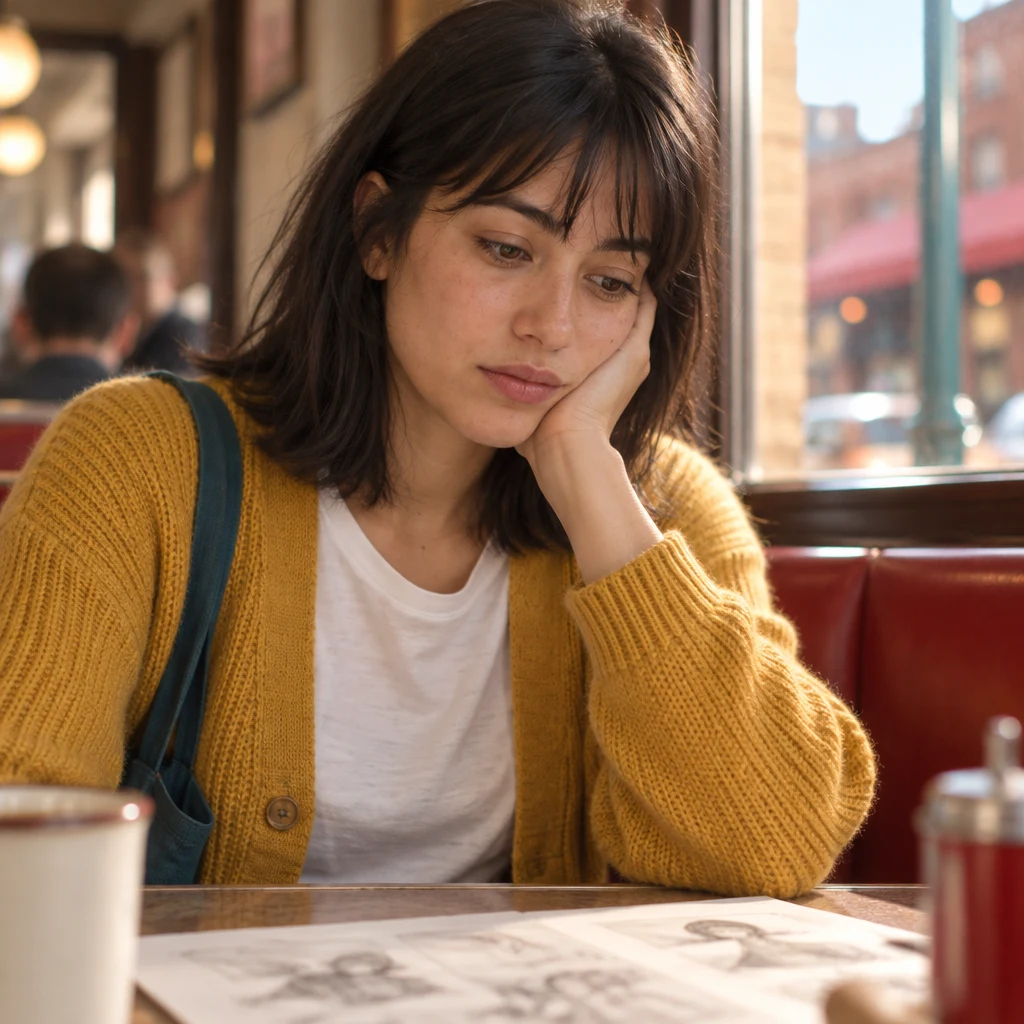 Ana studies the sketches with a tired, uncertain expression.