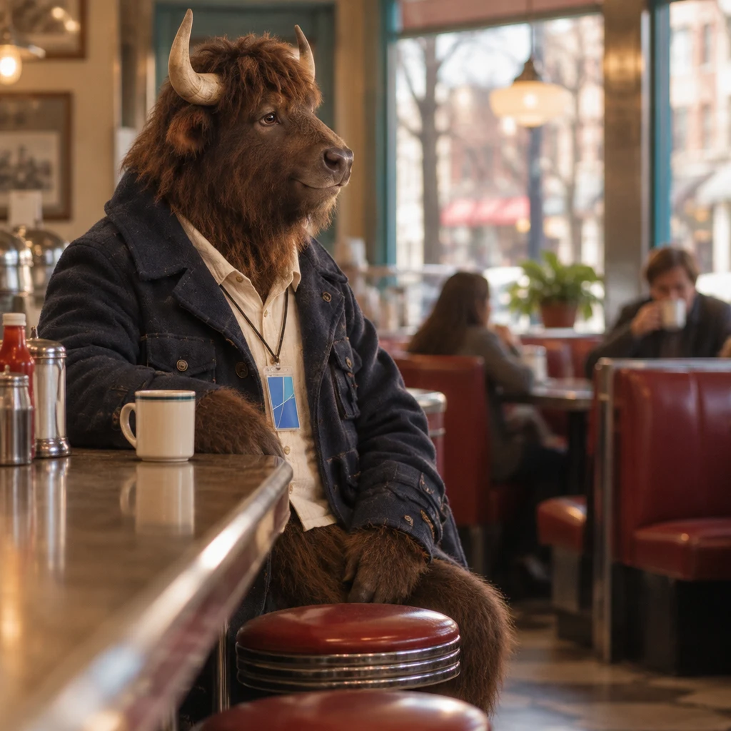 Murray looks toward the booth from his place at the counter, his coffee still full.