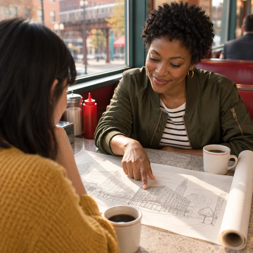 Tasha unrolls one library sketch and taps a building shape as Ana looks on.