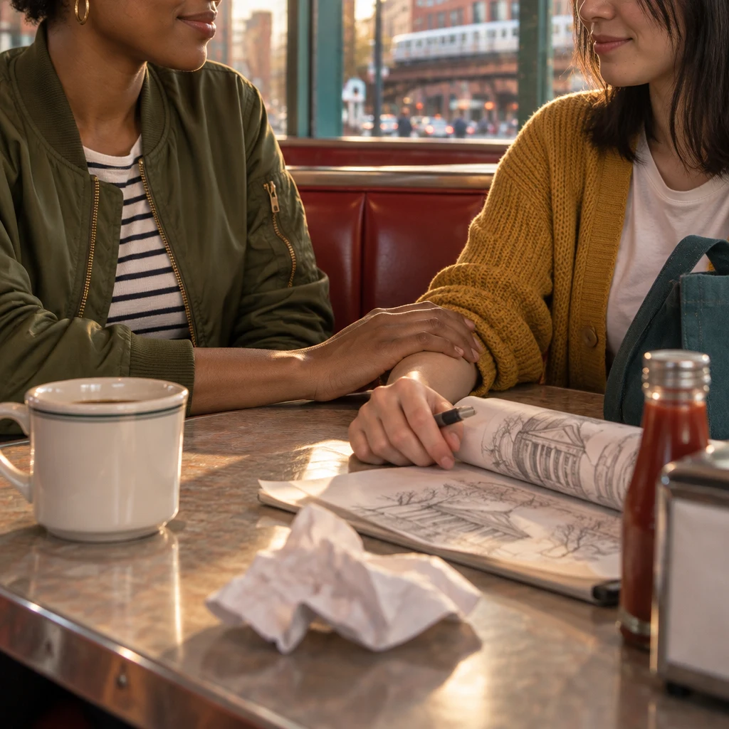 Tasha rests a reassuring hand on Ana’s forearm beside a crumpled sheet turned face down.