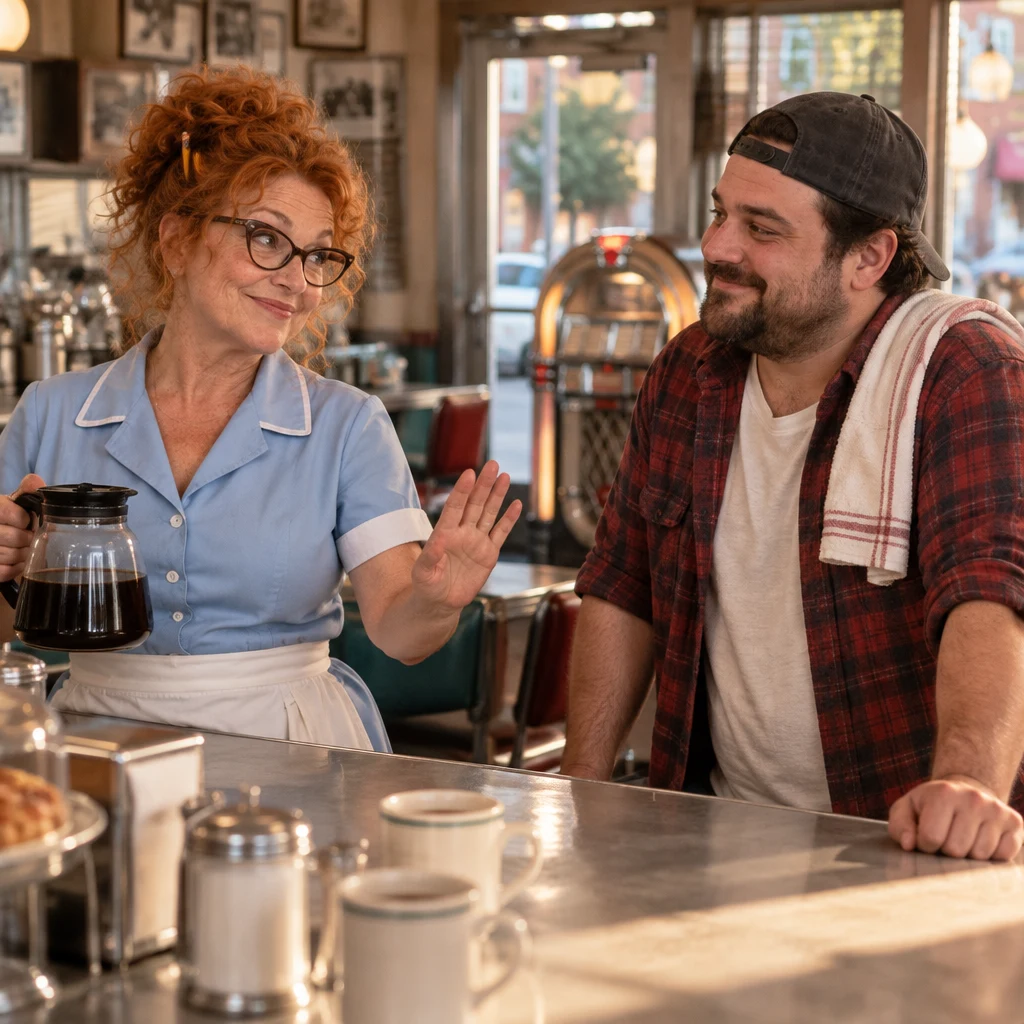 Dee lifts a hand toward Danny as she holds the coffee pot, gently signaling that she wants to stop the jukebox topic.
