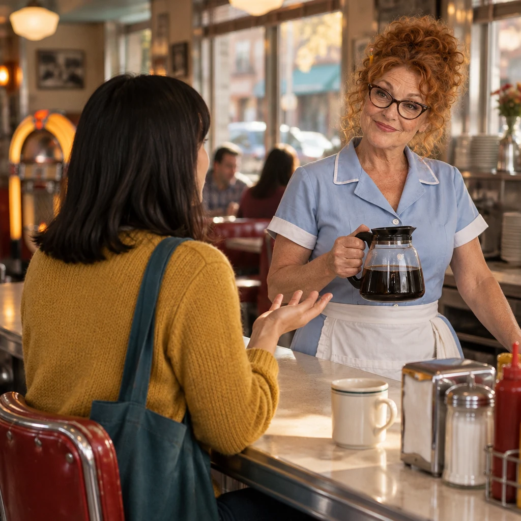 Ana turns on her stool away from the jukebox and opens a hand toward Dee to suggest changing the subject.