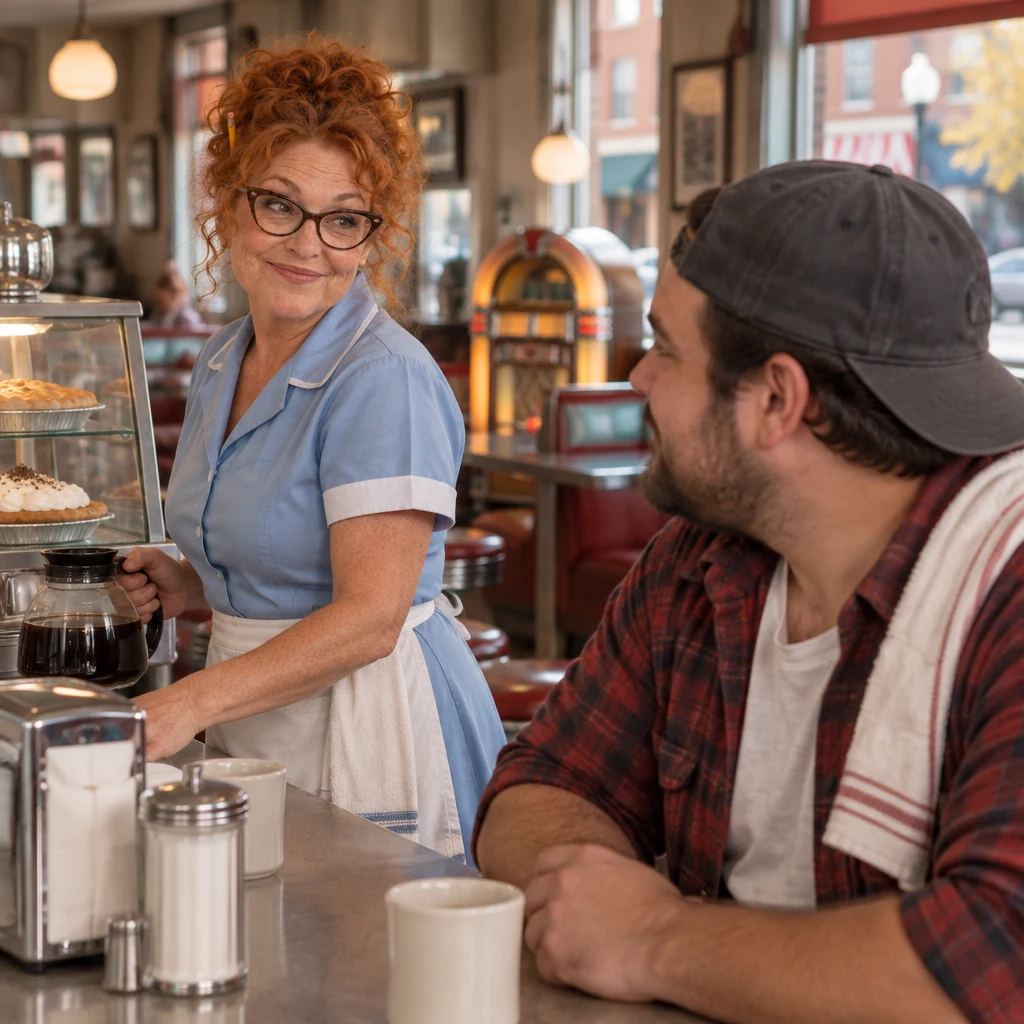 Dee lowers the coffee pot and turns along the counter, closing the topic while Danny listens nearby.
