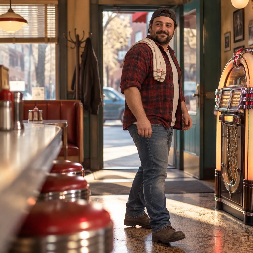 Danny steps back from the quiet jukebox without playing anything and turns toward the counter.