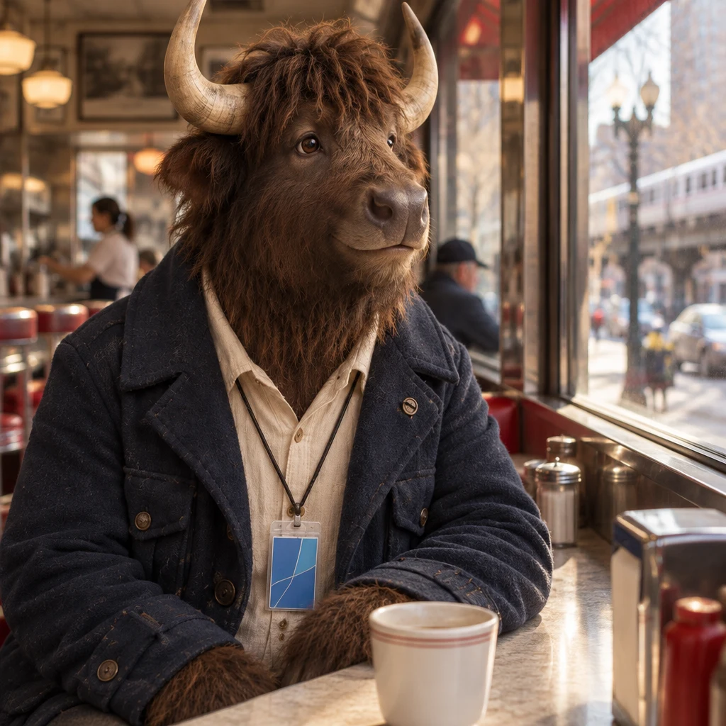 Murray looks toward the window beside his unfinished coffee instead of continuing the jukebox discussion.