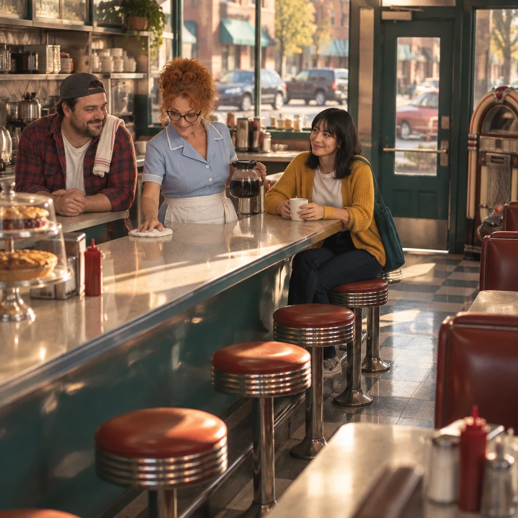 Late afternoon at the Blue Plate, Danny leans on the counter while Dee wipes one spot and Ana sits with coffee.