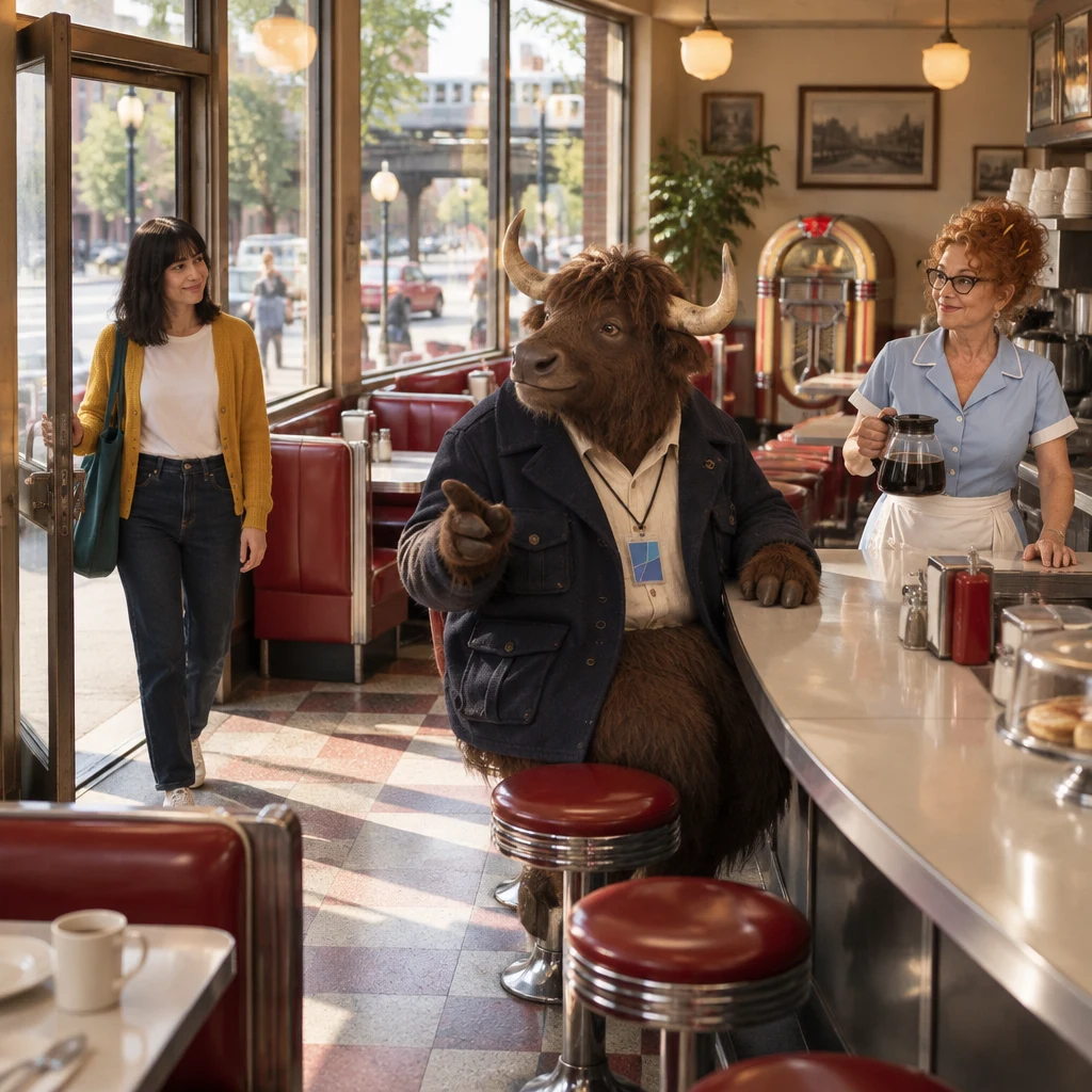 Ana waits at the diner door while Murray turns on the stools and Dee watches with a coffee pot.