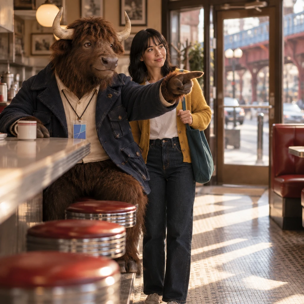 Murray points straight ahead toward the diner door.