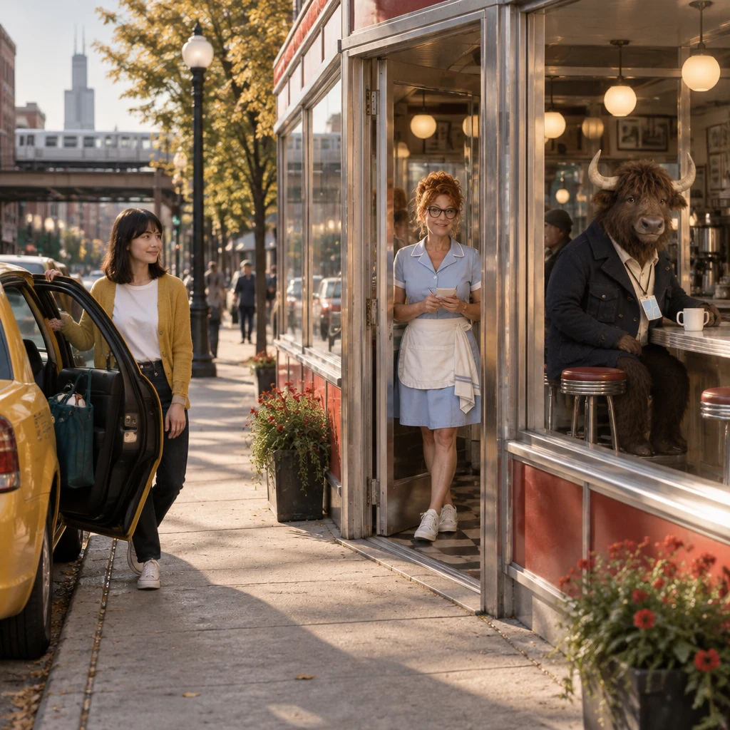 Ana steps out beside the cab while her tote remains on the back seat, and Dee and Murray are at the diner.