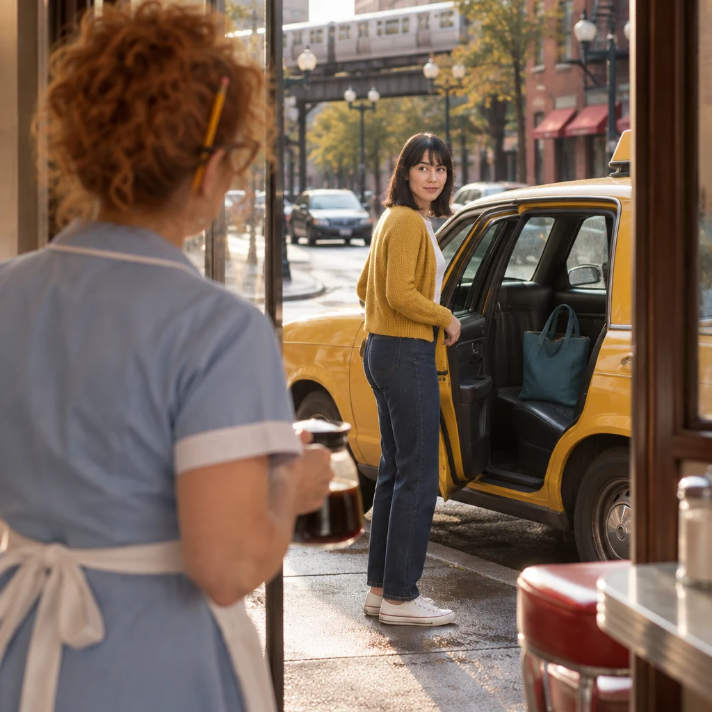 Ana turns back toward the tote she has left on the cab’s open back seat.