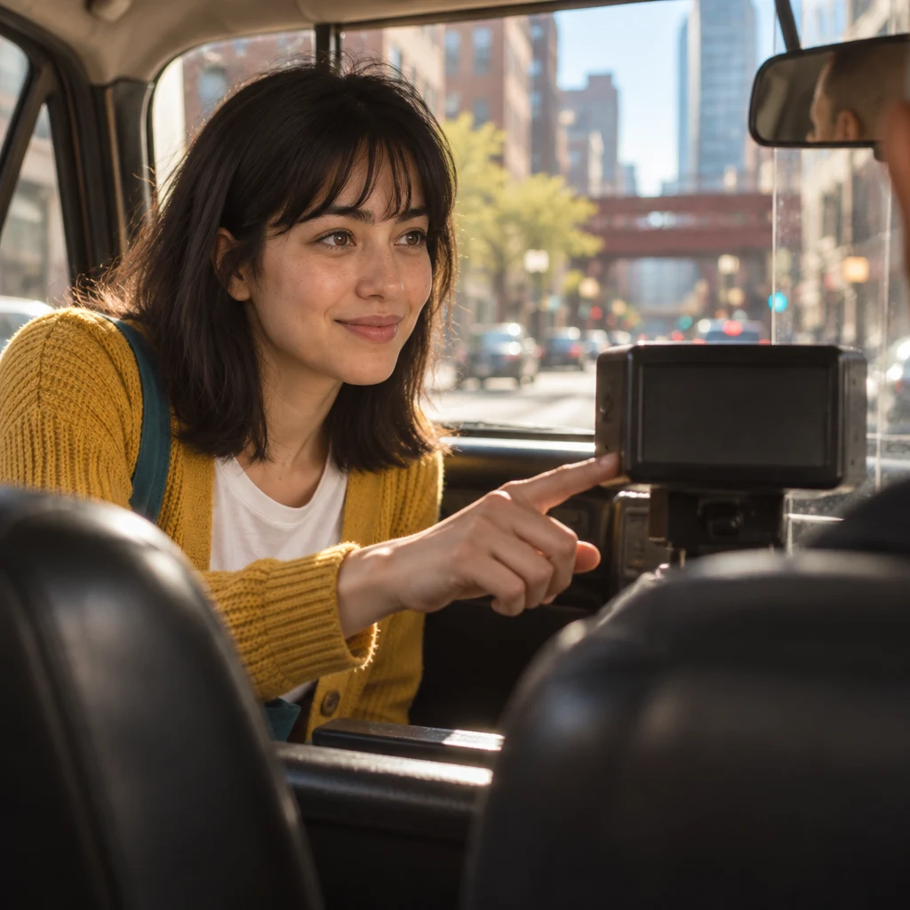 Ana gestures toward the dark fare meter to ask for the official fare clock to be started.