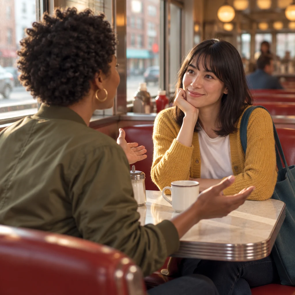 Tasha proposes the diner as the place to meet while Ana listens across the booth.
