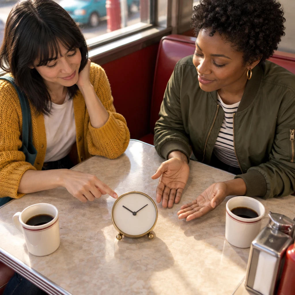 Ana and Tasha check together that the chosen time and place work for them both.