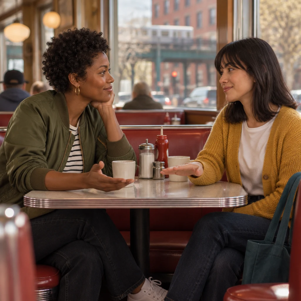 Ana gestures to ask about starting a little later as Tasha listens and explains that today is still full.