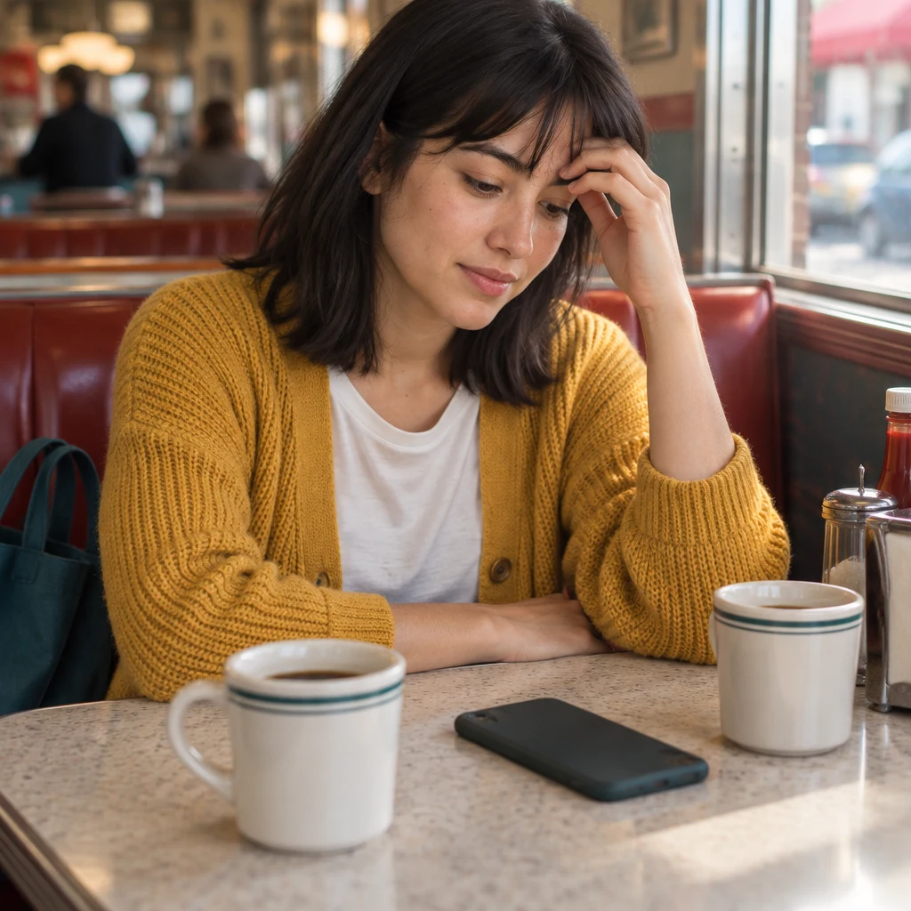 Ana checks her phone as she considers the bus delay and the chance she may arrive late.