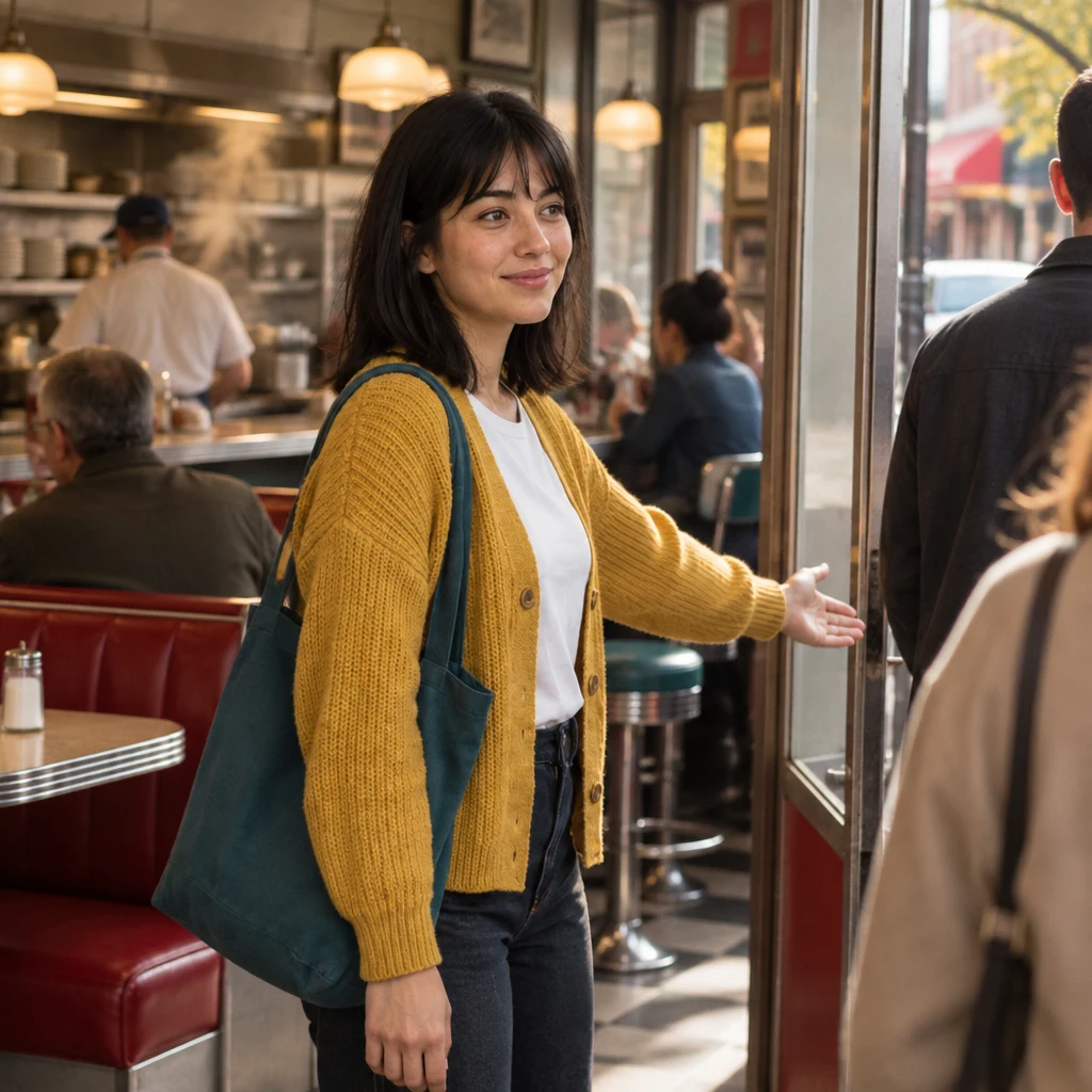 Ana gestures toward the diner door, urging people to leave the steamy area.