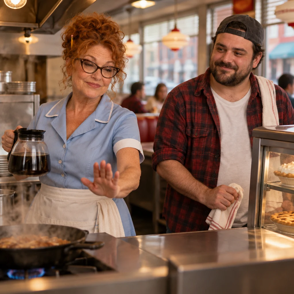 Dee holds Danny back from the still-hot pan without touching it.