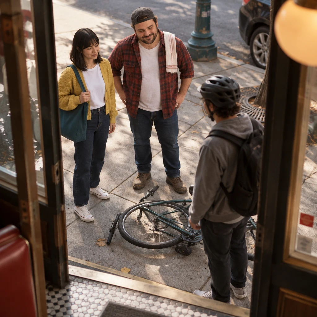Ana and Danny pause at the doorway after noticing a bicycle down on the sidewalk.