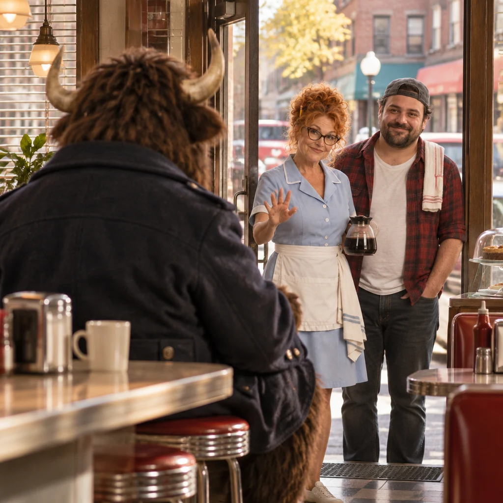 Dee gives a steady stay-still gesture toward the sidewalk while Danny remains nearby.