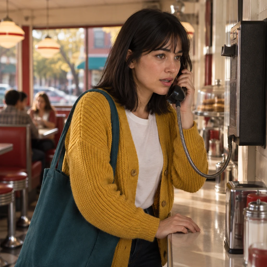 Ana holds the diner wall phone receiver and urgently seeks medical help.
