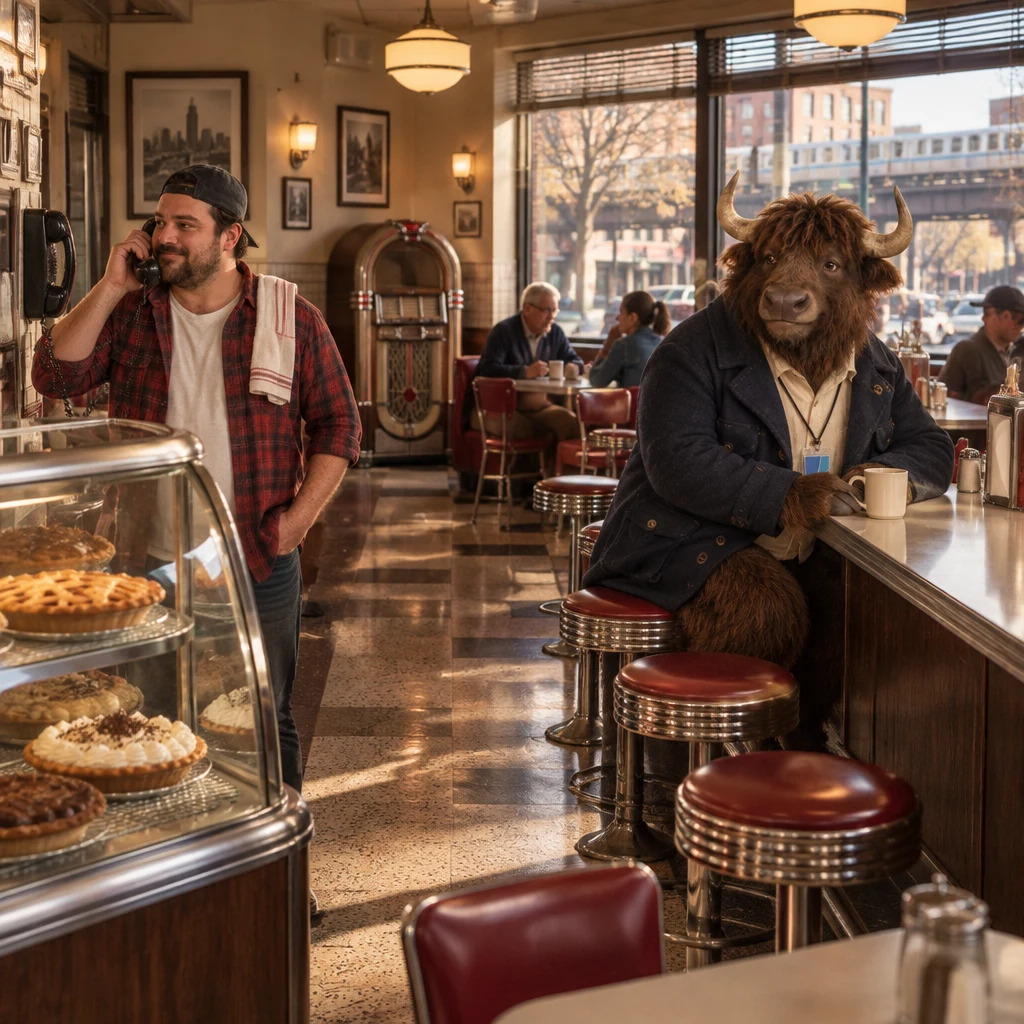 Danny picks up the diner phone beside the pie case while Murray sits on two stools with unfinished coffee.
