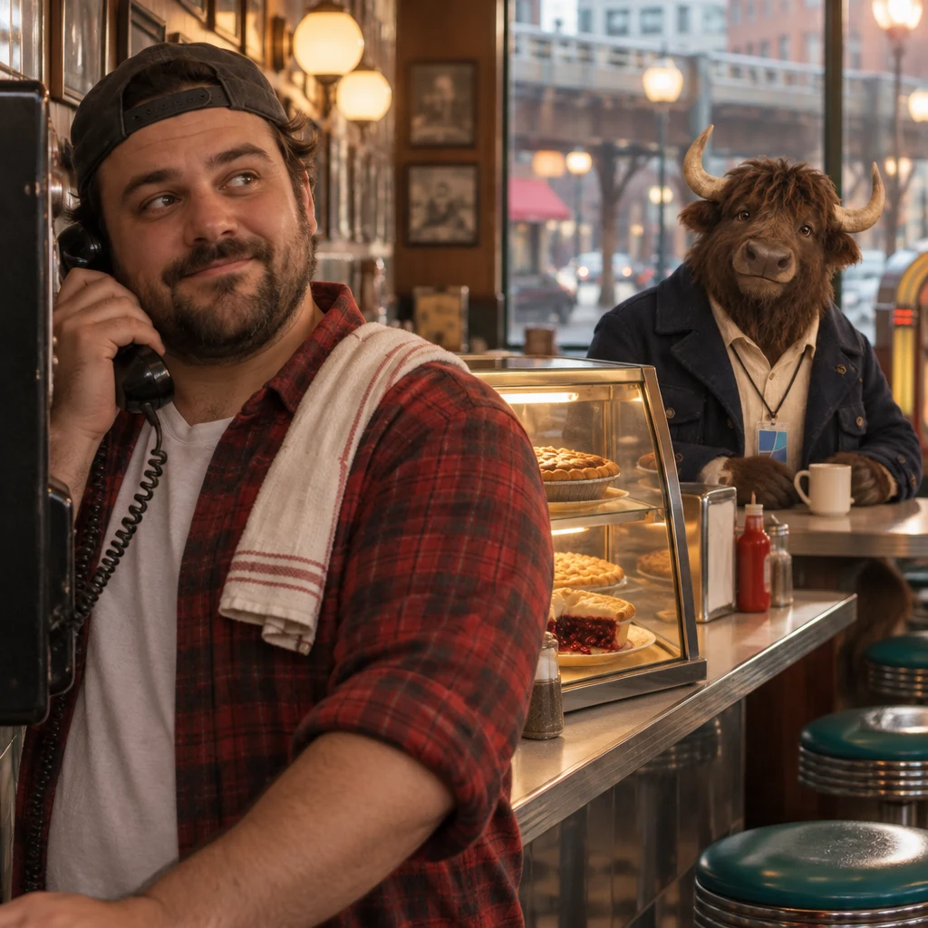 Danny listens at the wall phone, waiting to learn who is calling, while Murray sits in the diner behind him.