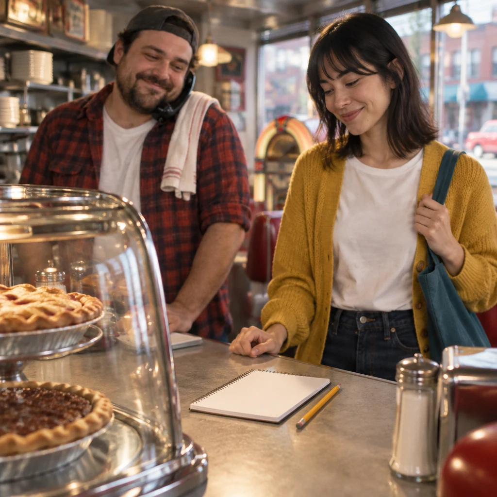 Danny holds the phone at the pie-case counter with a blank notepad ready to record Ana's message.